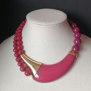 Vintage 1970s Trifari Necklace Red Purple Goldtone Pendant with Matching Beads